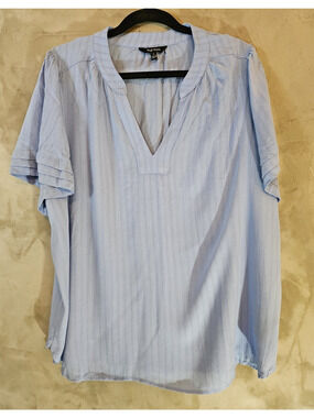 Well Worn Size L Blue Striped Woven V-Neck Short Sleeve Pullover Blouse